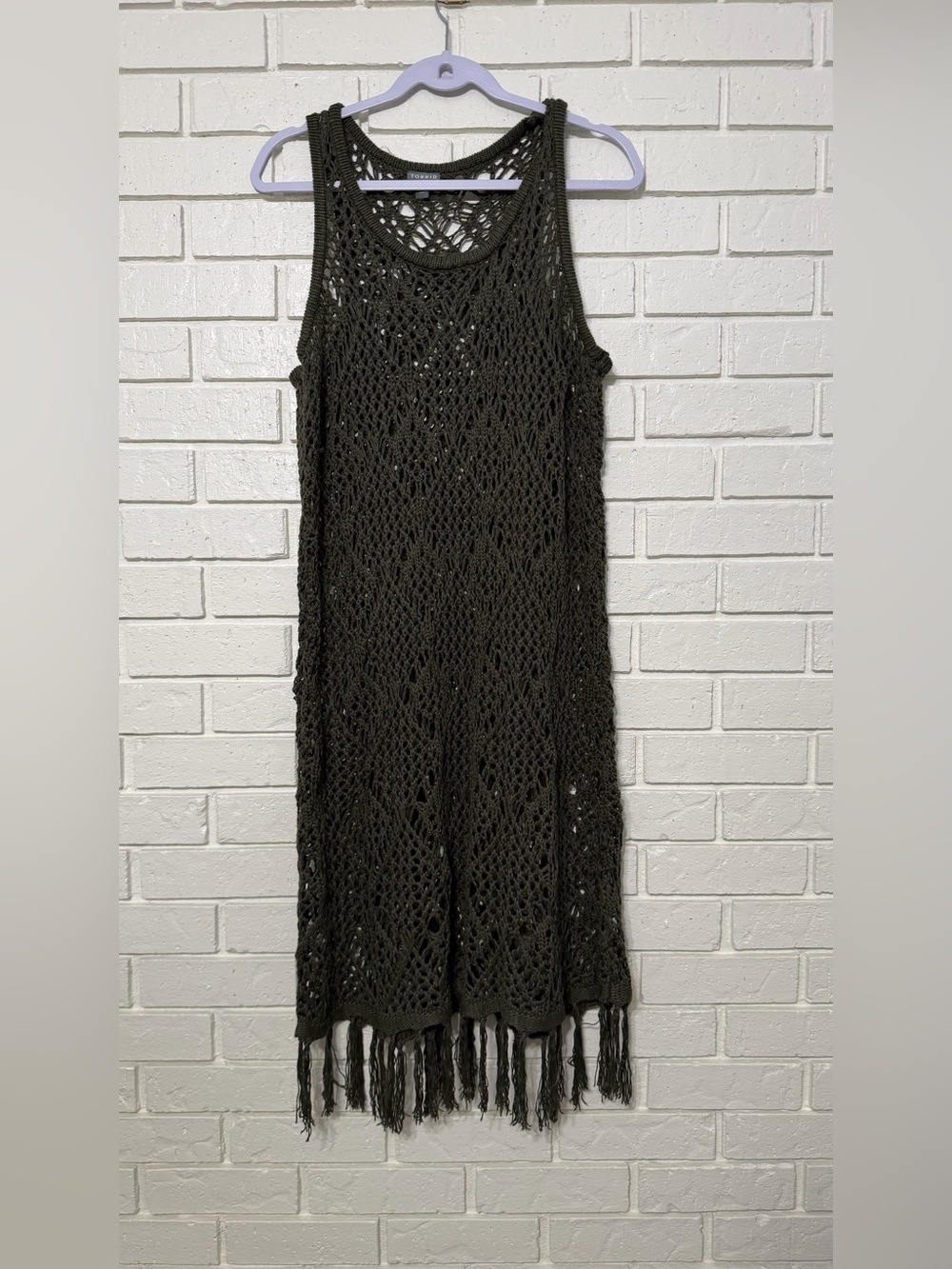 Torrid Olive Green Open Knit Swim Cover Up Dress Size 1X Boho Fringe Hem